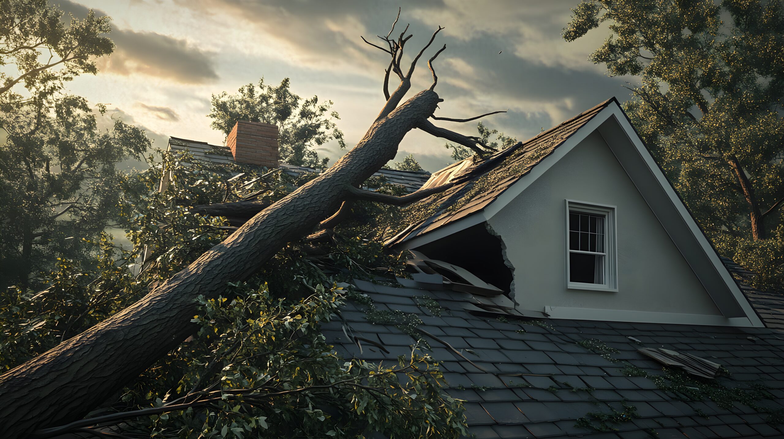 A large tree has fallen onto a residential house, causing significant roof damage. The image depicts the aftermath of a storm, showcasing the destruction and potential need for insurance claims and emergency repairs. The scene highlights the impact of severe weather and the resulting property damage.