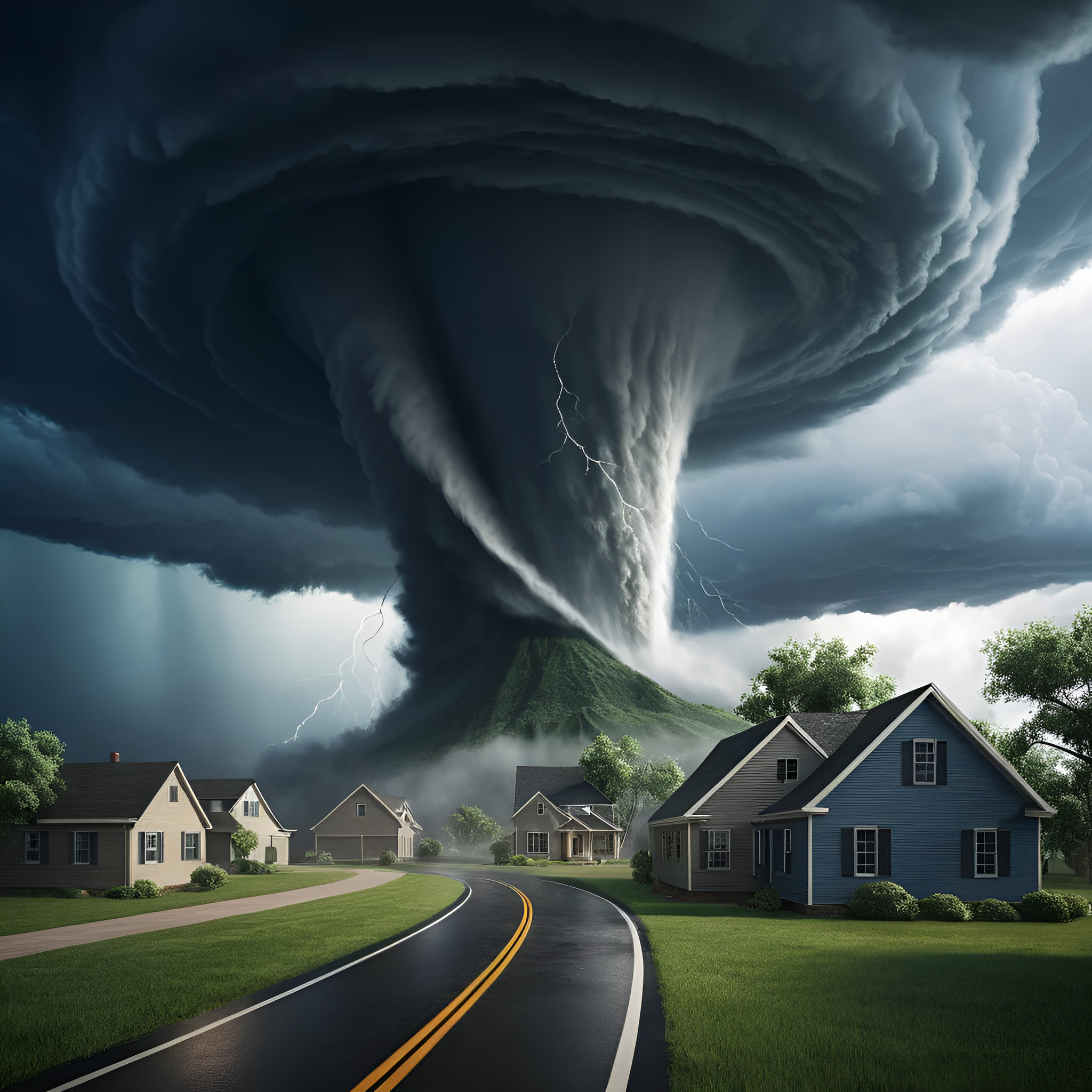 A large storm producing a Tornado, causing destruction. 3D Illustration.